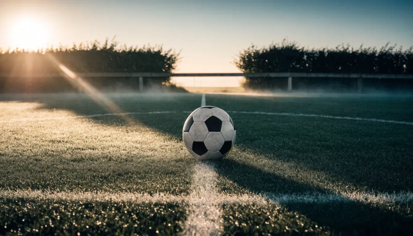 Ein Fussball liegt im Tau auf der Mittellinie eines Dorfplatzes bei Sonnenaufgang, der Rasen glitzert.