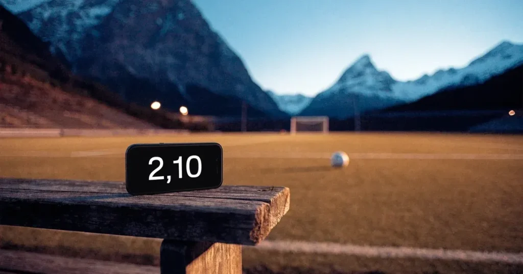 Ein Fussballplatz aus der Vogelperspektive mit sauberen Linien auf dichtem Rasen, in der Ferne verschneite Berge.