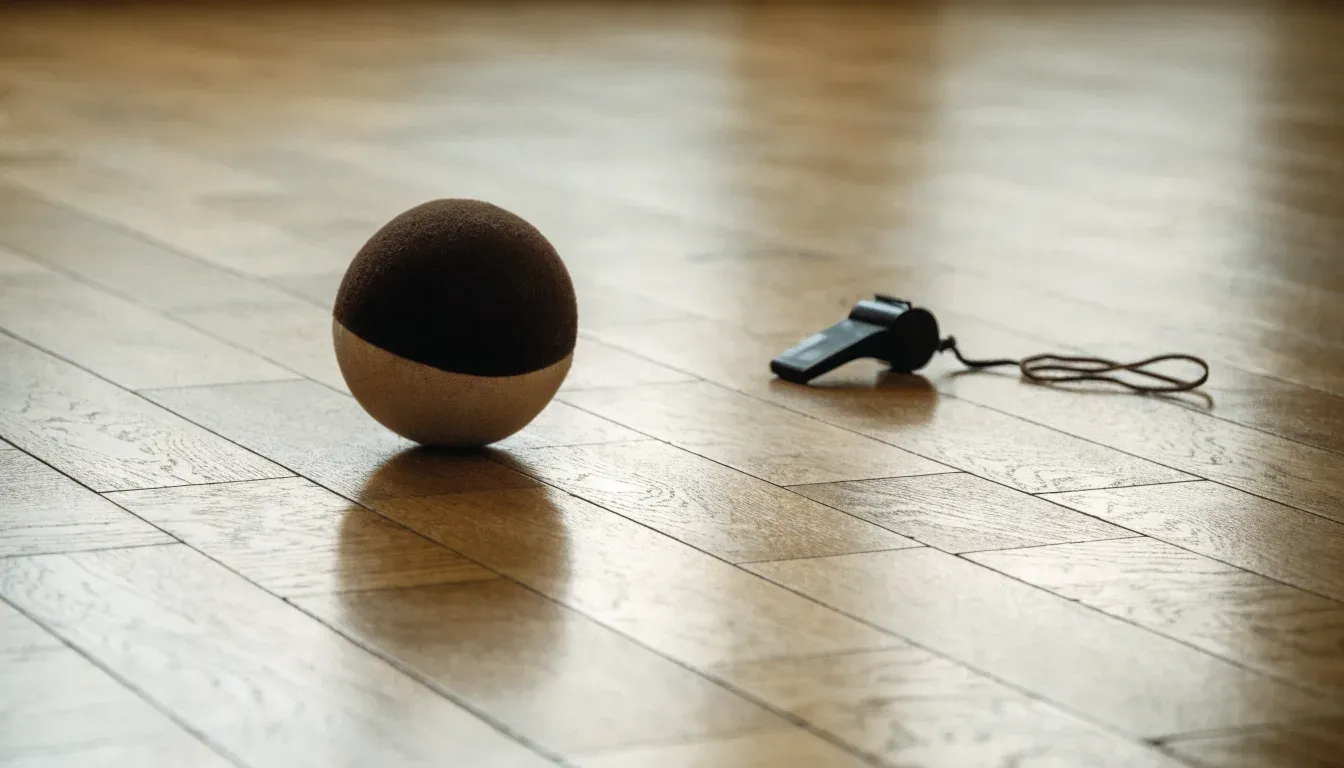 Ein kleiner, schwerer Ball liegt auf glattem Hallenparkett neben einer Trillerpfeife an einer Schnur.