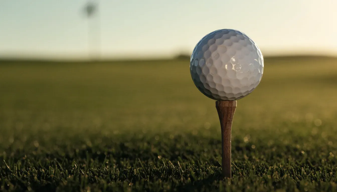 Ein Golfball liegt auf einem Holztee im Gras, scharf im Vordergrund, dahinter verschwimmt eine weite Wiese.