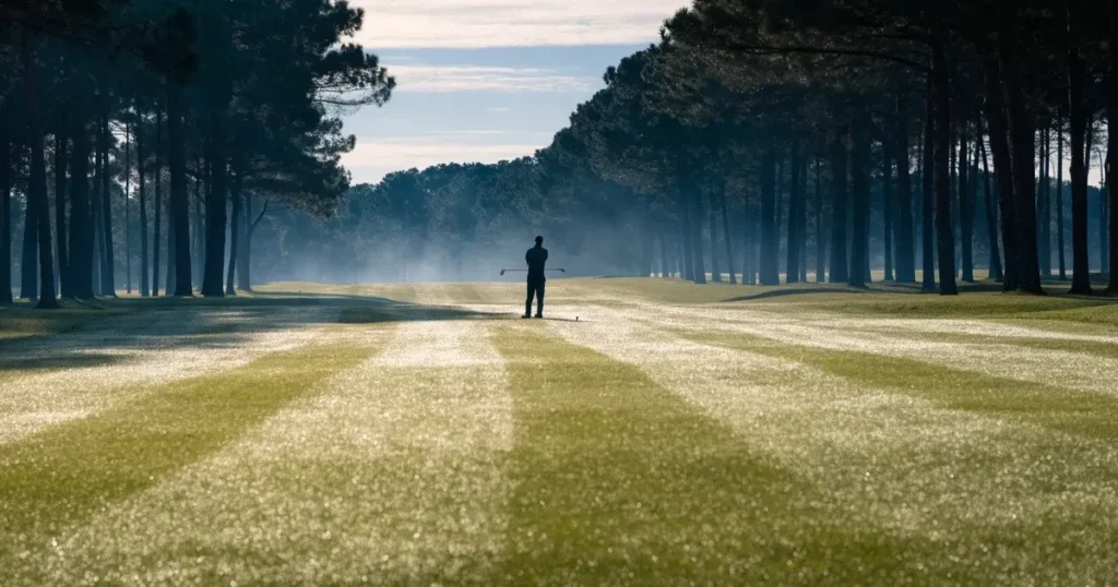 Ein weites Fairway zieht sich im Dunst des frühen Morgens zwischen Föhren hin, Tau liegt auf dem kurzen Gras.