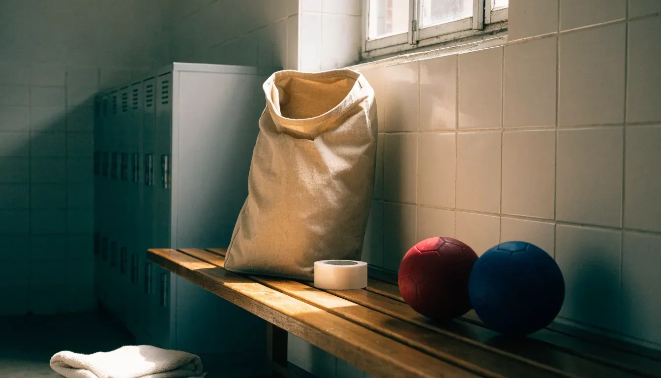 Eine Stofftasche mit Klebeband und zwei Handbällen steht auf einer Bank in einer Umkleide, Licht fällt durch ein kleines Fenster.