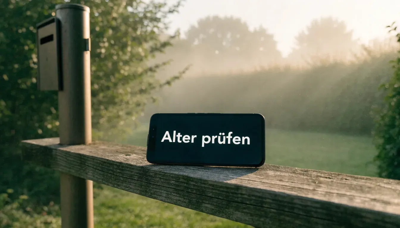 Ein Briefkasten aus Metall hängt an einem Holzzaun, dahinter liegt ein Garten im Morgennebel.