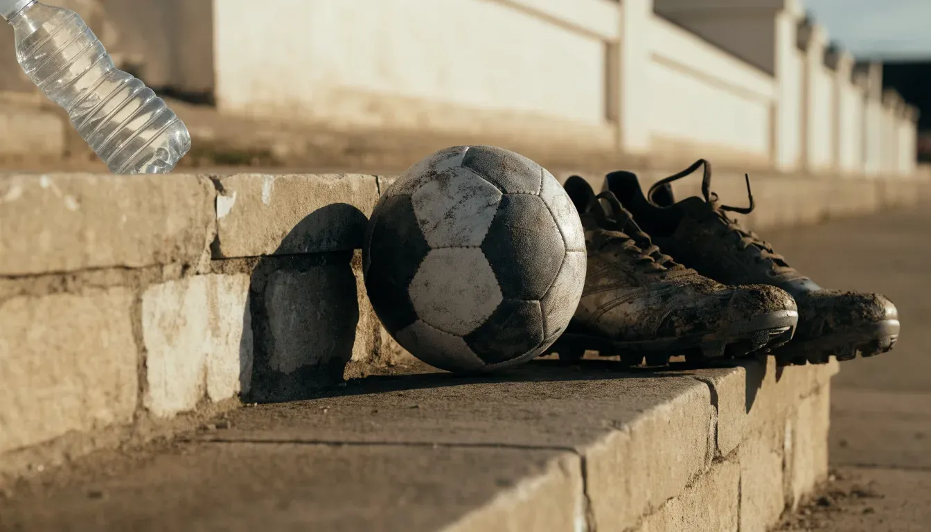 Ein Paar abgetragene Fussballschuhe steht neben einer Wasserflasche auf einer Treppenstufe im Sonnenlicht.