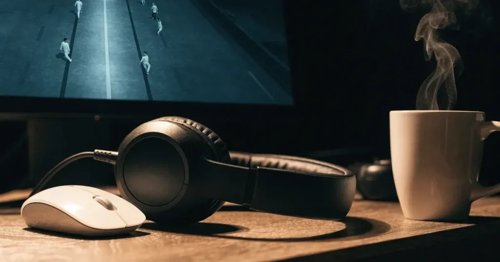 Ein Headset und eine Computermaus liegen auf einem dunklen Schreibtisch, daneben ein Becher mit dampfendem Tee.