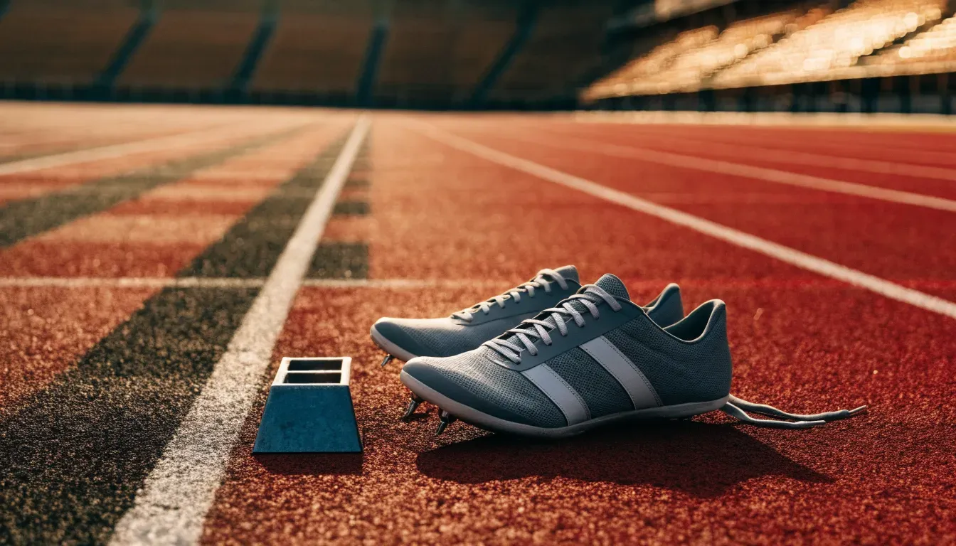 Ein Paar Laufschuhe mit Spikes liegt auf einer Tartanbahn neben einem Startblock, die Linien verlaufen in die Ferne.