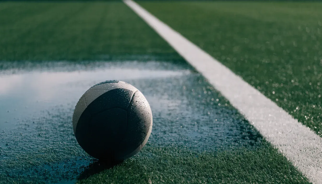 Ein Fussball liegt auf nassem Kunstrasen neben einer weissen Linie, Pfützen spiegeln den Himmel.