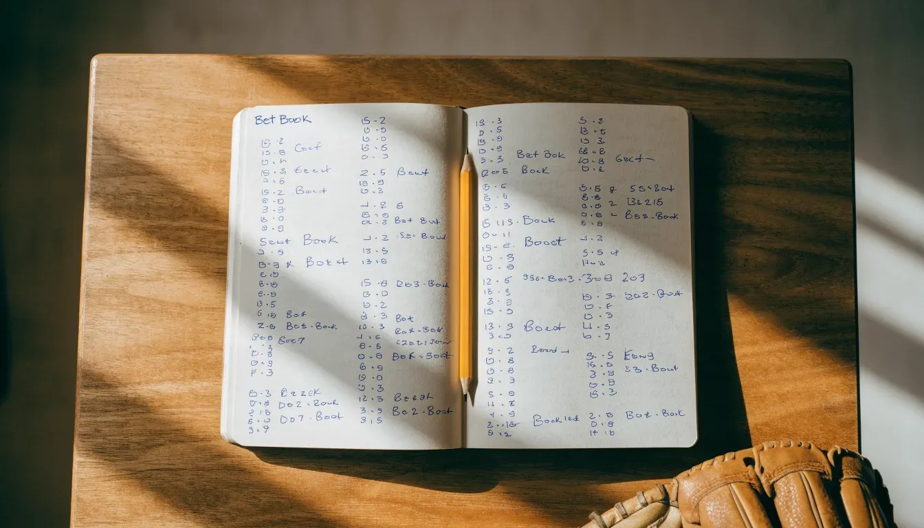 Ein aufgeschlagenes Notizbuch mit handgeschriebenen Notizen und ein Bleistift liegen auf einem Holztisch neben einem abgegriffenen Baseballhandschuh.