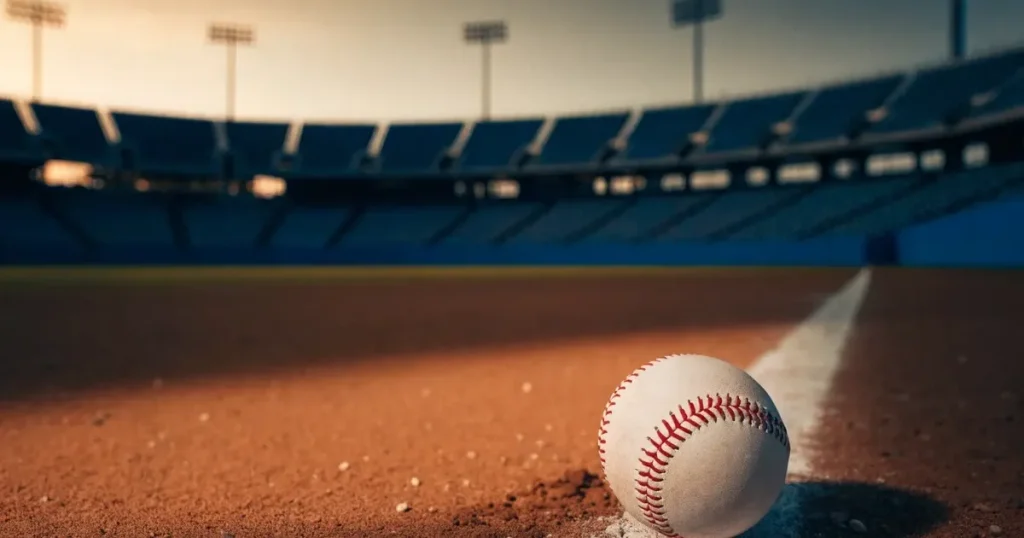Ein weisser Baseball liegt auf rotbraunem Sand neben der Grundlinie eines leeren Stadions im warmen Abendlicht, die Ränge sind verlassen.