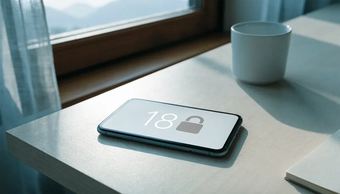 Ein Smartphone mit dunklem Bildschirm liegt auf einem hellen Schreibtisch neben einer Tasse, durch das Fenster dahinter sieht man eine Bergkette.