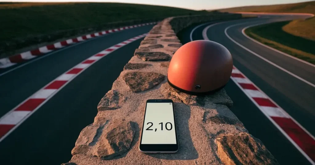 Eine leere Rennstrecke mit rot-weissen Randsteinen im Morgenlicht, im Hintergrund sanfte Hügel und ein einzelner Motorradhelm auf einer niedrigen Mauer.