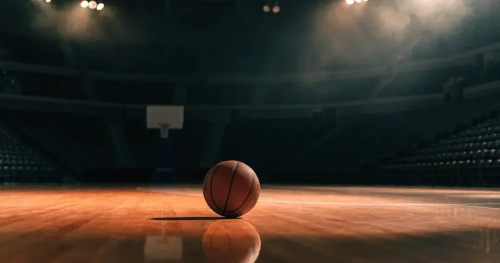 Ein orangefarbener Basketball liegt auf dem Parkett einer leeren Halle unter hellem Flutlicht, die Tribünen sind dunkel.