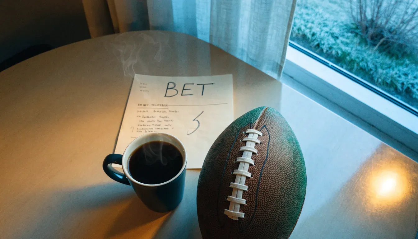 Ein Kaffeebecher und ein Football stehen auf einem Küchentisch am Morgen, durch das Fenster sieht man einen Garten mit Raureif.