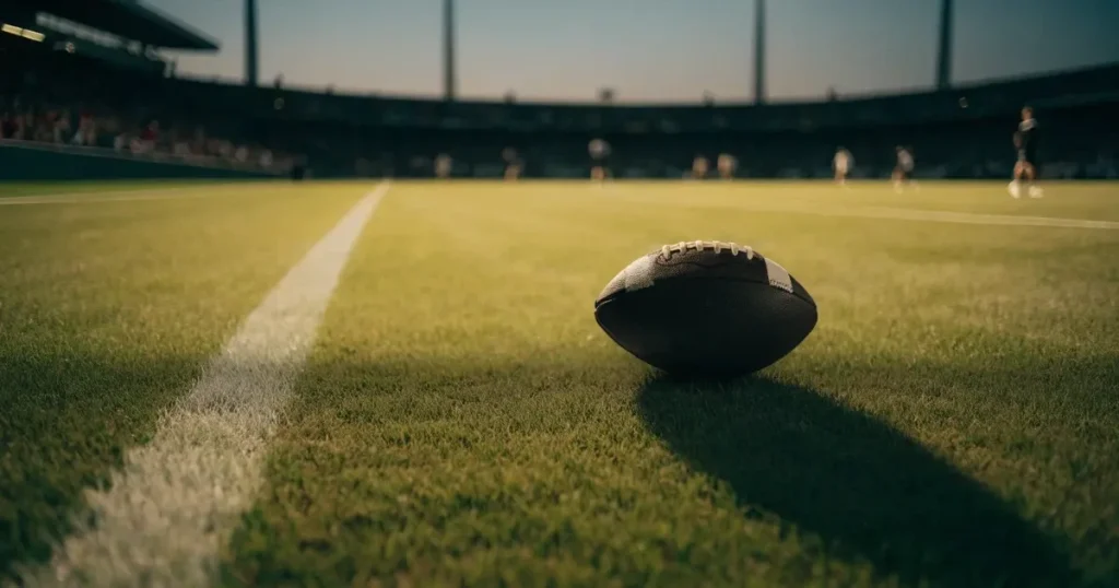 Ein ovaler Football liegt auf frisch gemähtem Rasen neben einer weissen Linie, im Hintergrund stehen leere Flutlichtmasten im Abendlicht.