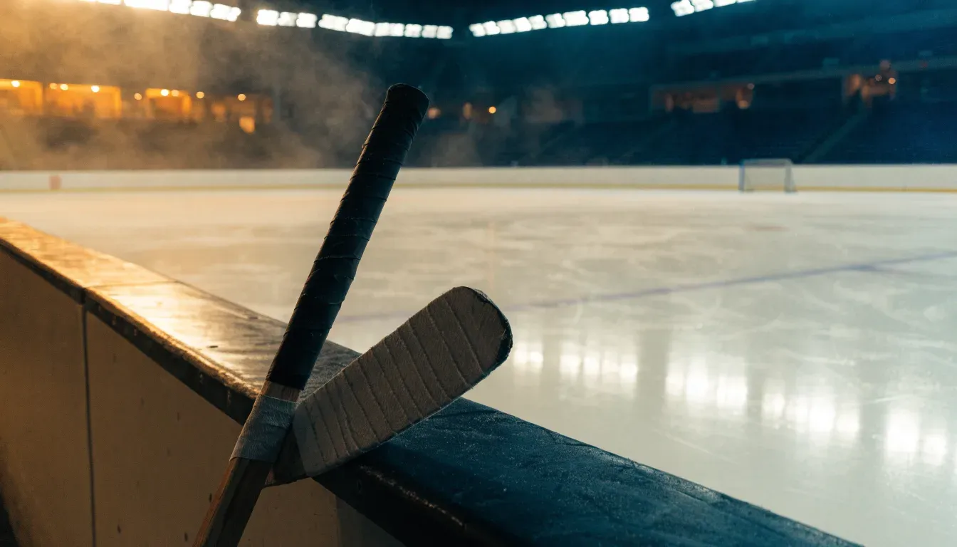Ein Eishockeyschläger lehnt an der Bande, in der Ferne liegt die hell beleuchtete Eisfläche einer Halle unter Flutlicht.