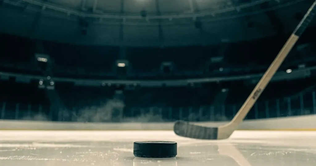 Ein Eishockeypuck liegt auf einer glatten Eisfläche, im Hintergrund erheben sich die dunklen Ränge einer leeren Halle.
