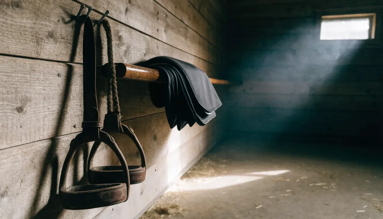 Lederne Steigbügel und ein Zügel hängen an einer Holzwand in einem ruhigen Stall, Heu liegt im Licht eines kleinen Fensters.