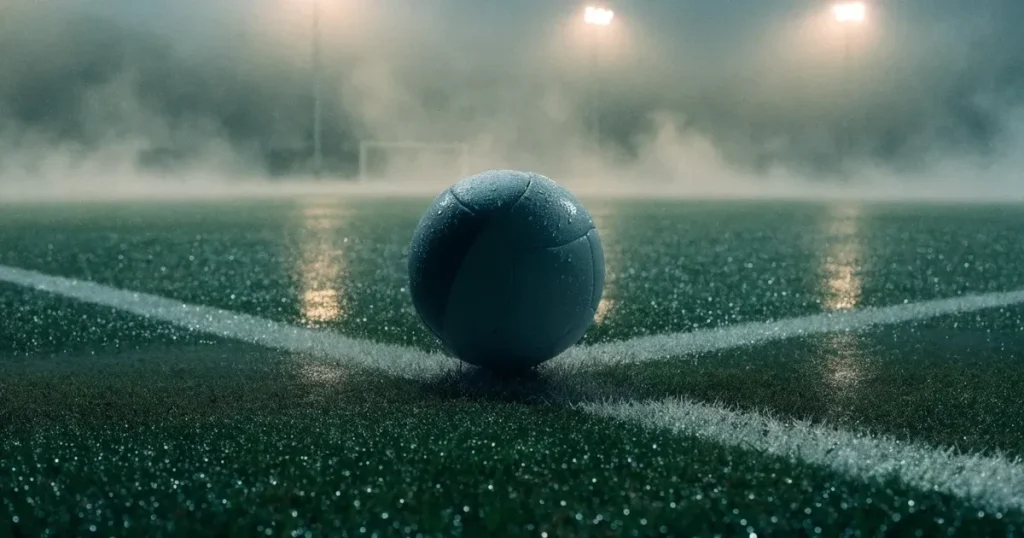 Ein Fussball liegt auf der Strafraumlinie eines nassen Rasens, dahinter stehen Flutlichtmasten im aufsteigenden Nebel.