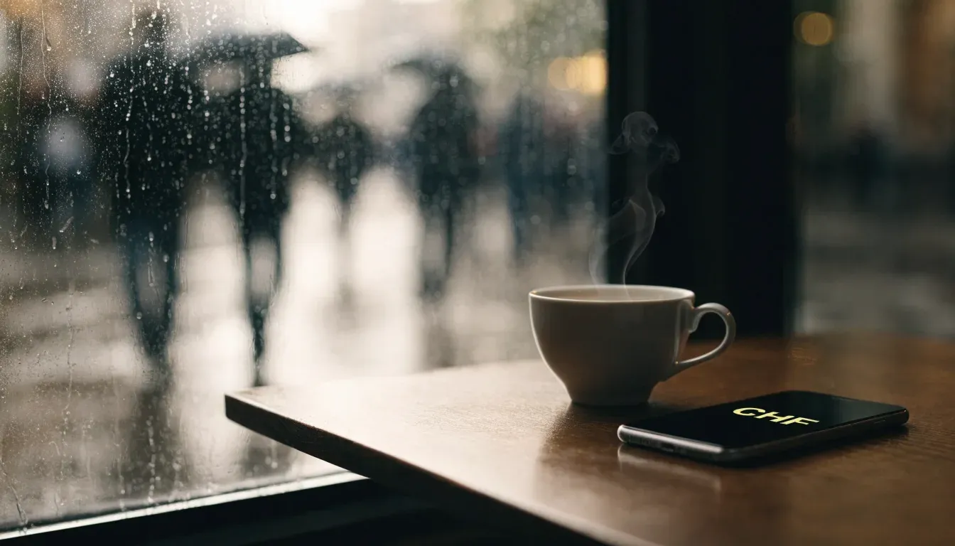 Ein Café-Tisch am Fenster mit einer Teetasse, draussen ein nasser Gehweg und Passanten mit Regenschirmen in unscharfer Ferne.