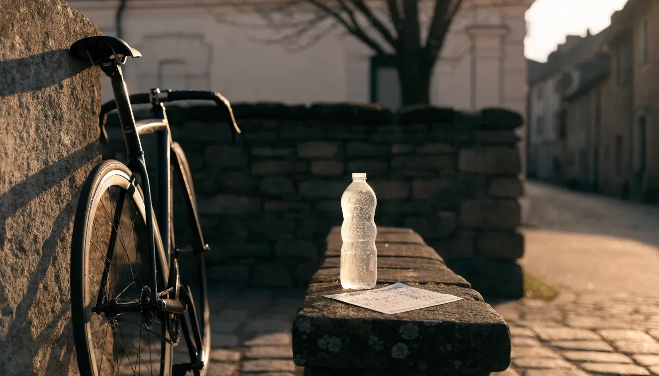 Ein Rennrad lehnt an einer Steinmauer am Rand eines Dorfplatzes, daneben eine Trinkflasche im ersten Sonnenlicht.