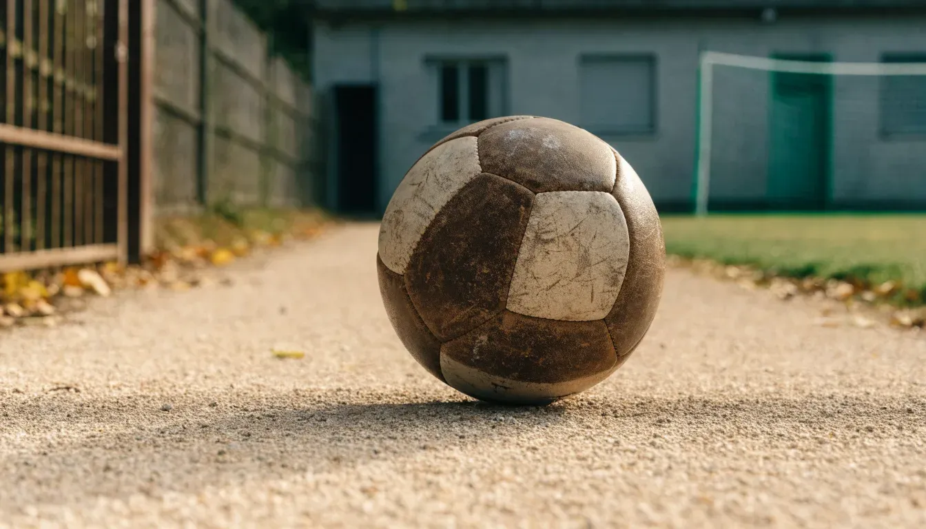 Ein abgenutzter Fussball liegt auf einem Kiesweg neben dem Eingang eines Vereinsplatzes, Laub liegt auf dem Boden.