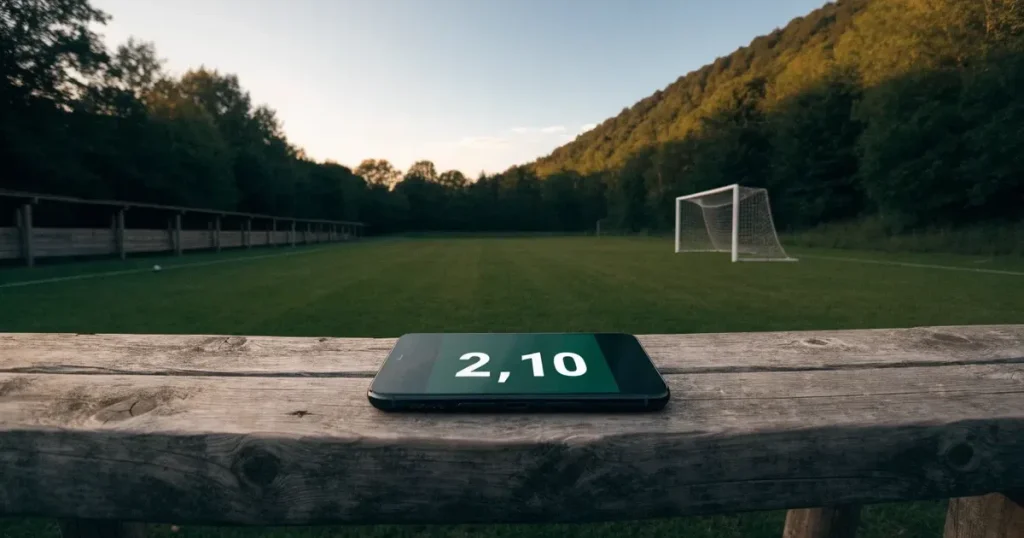 Ein kleiner Fussballplatz mit einfacher Holztribüne und Rasenstreifen am Rand einer Ortschaft, im Hintergrund ein bewaldeter Hügel im Abendlicht.