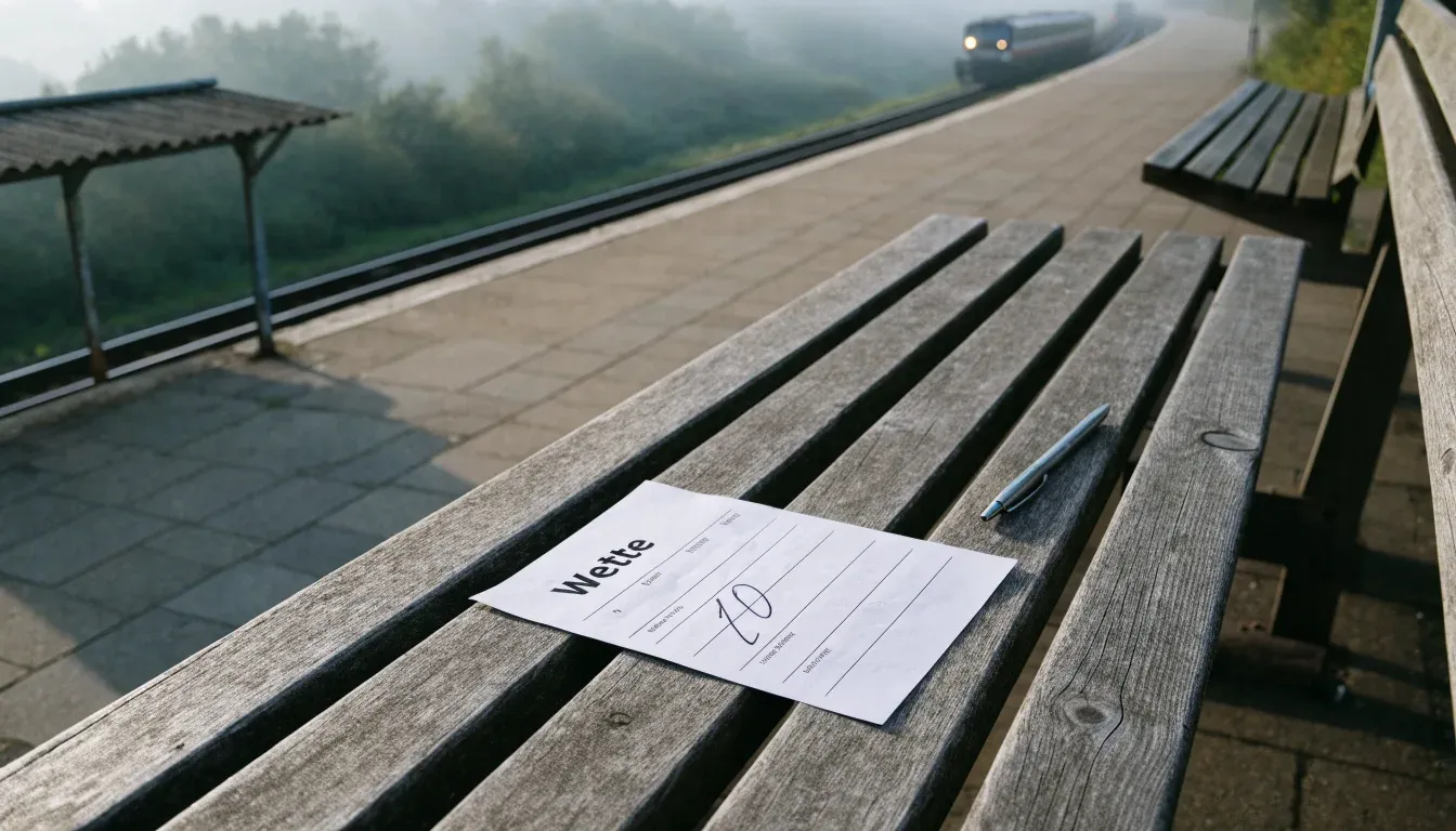 Ein Bahnsteig mit leeren Bänken an einem Regionalbahnhof am Morgen, ein Zug fährt in der Ferne ein.