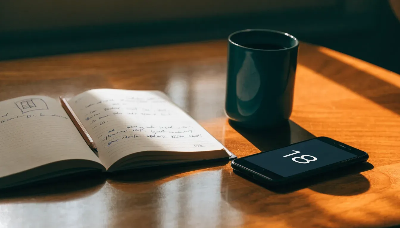 Ein aufgeschlagenes Notizbuch mit handschriftlichen Skizzen neben einem Bleistift und einer Kaffeetasse auf einem Holztisch.