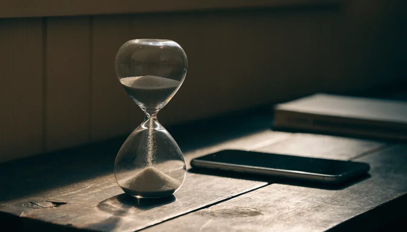 Eine Sanduhr steht auf einem Holztisch neben einem umgedrehten Smartphone, warmes Licht fällt von der Seite ein.