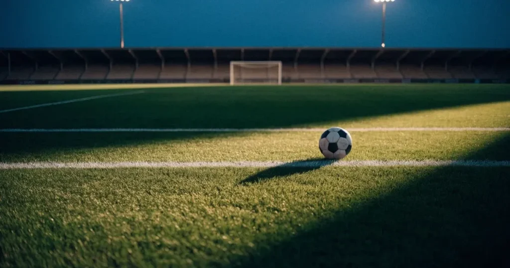 Ein Fussball liegt auf dem Anstosspunkt eines leeren Rasenplatzes in der Abenddämmerung, dahinter leuchten Flutlichtmasten über einer Tribüne.