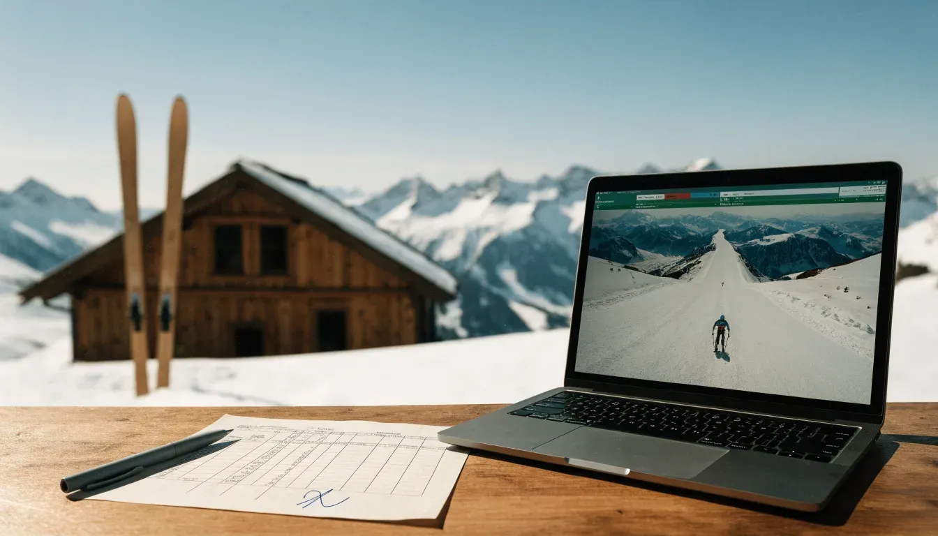 Zwei Skier stecken aufrecht im Schnee neben einer Holzhütte, dahinter ein weites Alpenpanorama bei klarem Himmel.