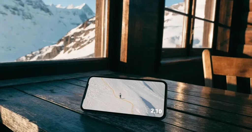 Ein frisch präparierter Hang mit Slalomstangen in einer Reihe im ersten Morgenlicht, Schneespuren im Hang und Berge im Hintergrund.