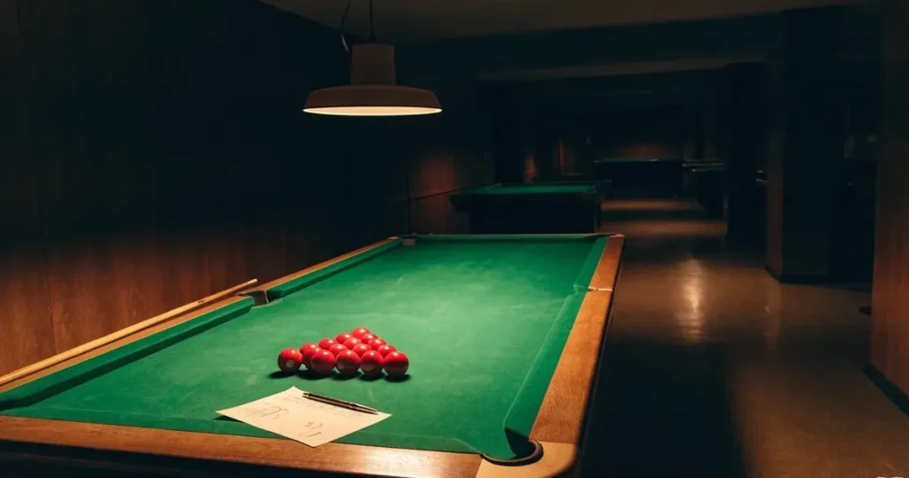 Ein Snookertisch mit grünem Tuch und einem Dreieck aus roten Kugeln unter einer tief hängenden Lampe in einer leeren Halle.