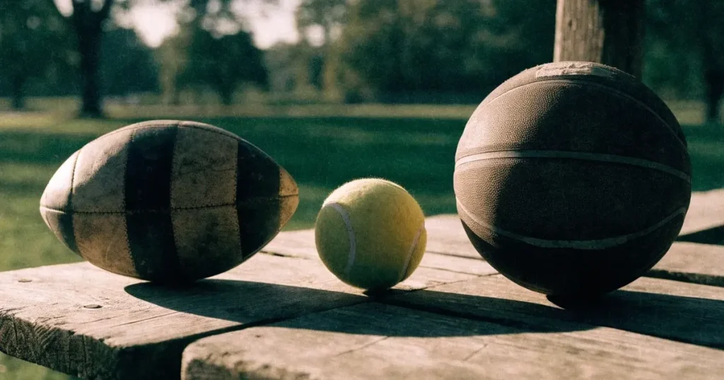 Drei Sportbälle, ein Fussball, ein Tennisball und ein Basketball, liegen nebeneinander auf einer Holzbank.