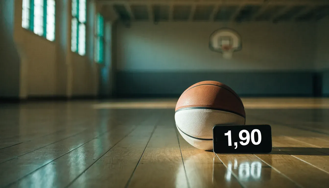 Ein Basketballkorb hängt in einer leeren Turnhalle, durch hohe Fenster fällt Licht auf das Holzparkett.