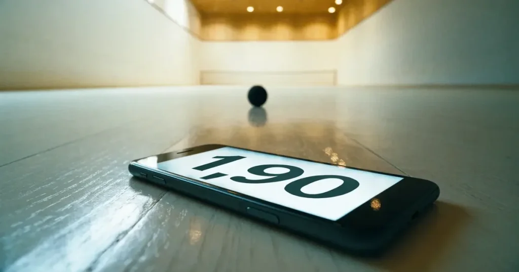 Ein leerer Squashcourt mit weissen Wänden und hellem Holzboden, ein Ball liegt in der Mitte, Deckenlicht spiegelt sich im Parkett.