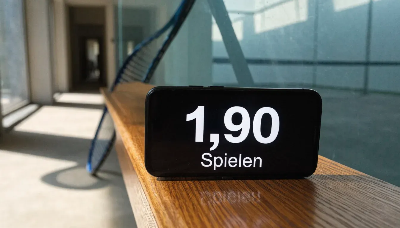 Ein Squashschläger lehnt an der Glaswand eines leeren Courts, draussen fällt Tageslicht in den Gang.
