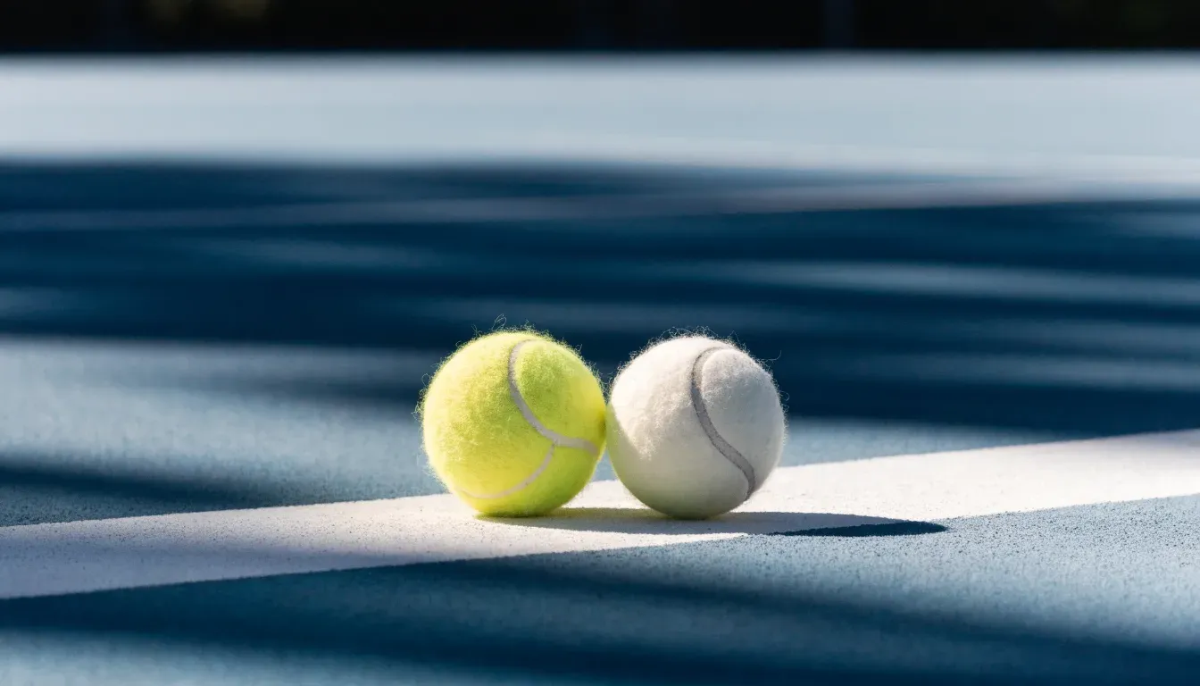 Zwei Tennisbälle liegen auf der weissen Grundlinie eines Hartplatzes im grellen Sonnenlicht.