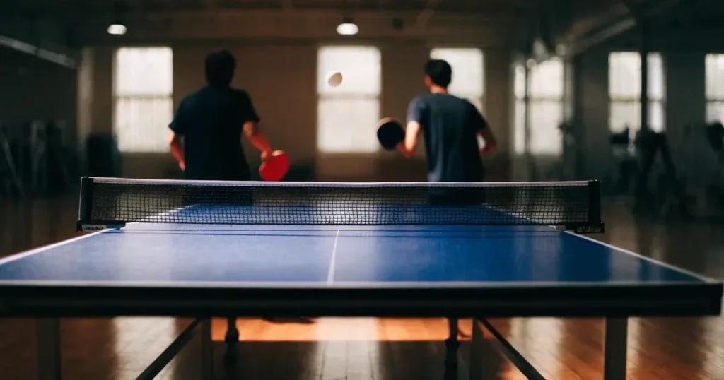 Eine Tischtennisplatte mit Netz in einer leeren Sporthalle, ein heller Ball liegt auf einer Seite, Deckenlicht spiegelt sich im Hallenboden.