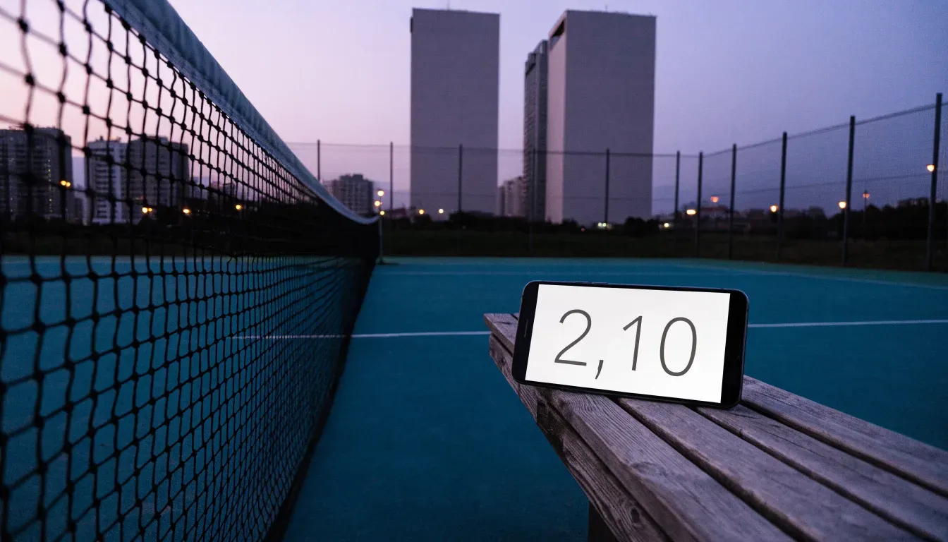 Die Hochhäuser einer Grossstadt in der Dämmerung, gesehen von einem Park, im Vordergrund ein gespanntes Tennisnetz.