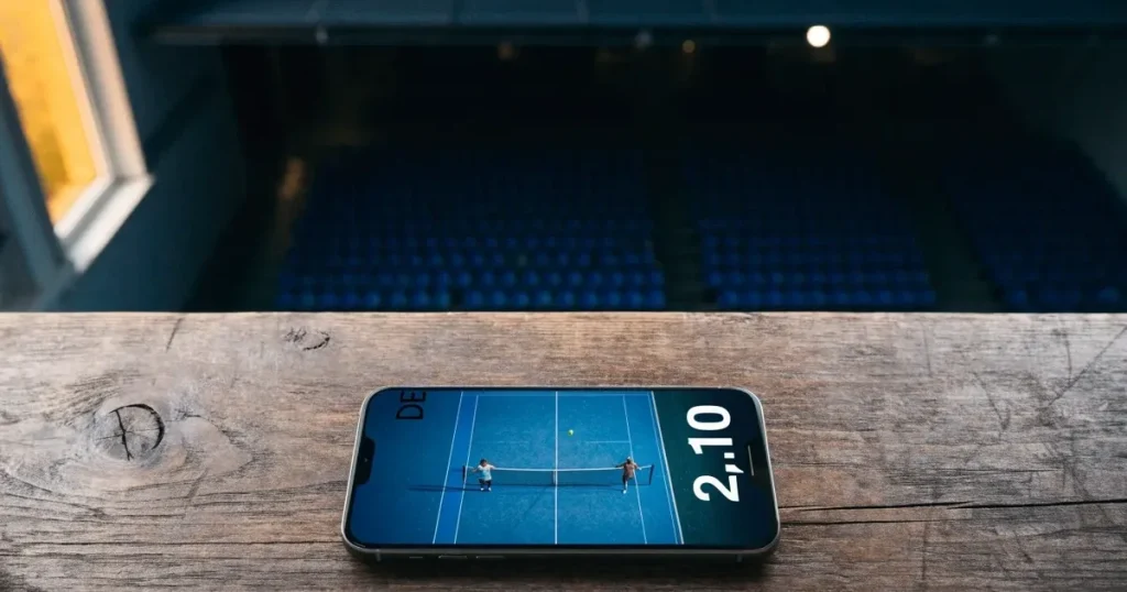 Ein hohes Tennisstadion mit geschlossenem Dach, von innen beleuchtet, leere Sitzreihen umschliessen den blauen Hartplatz.