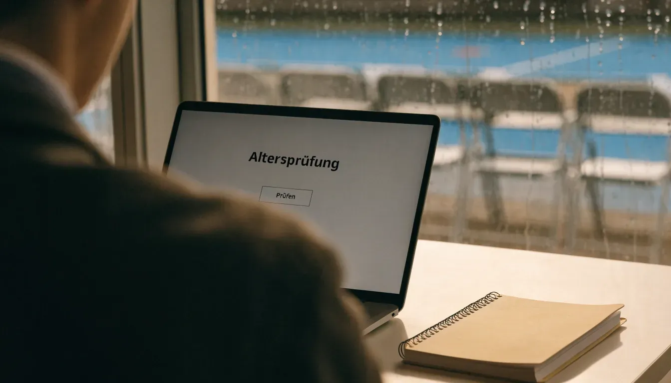 Leere Klappstühle an der Seitenlinie eines Hartplatzes nach Regen, die nasse Fläche spiegelt den grauen Himmel.