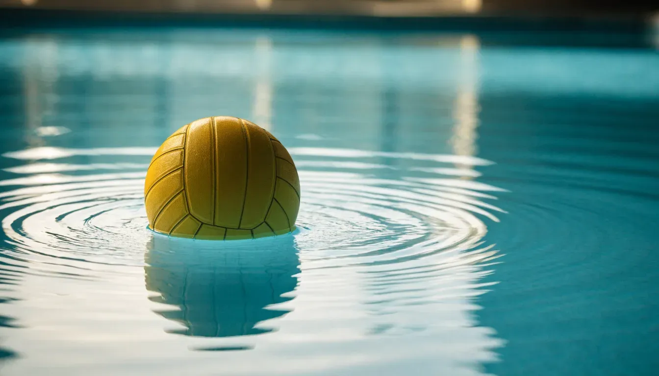 Ein gelber Ball treibt auf ruhigem türkisfarbenem Beckenwasser, feine Wellen im weichen Licht.