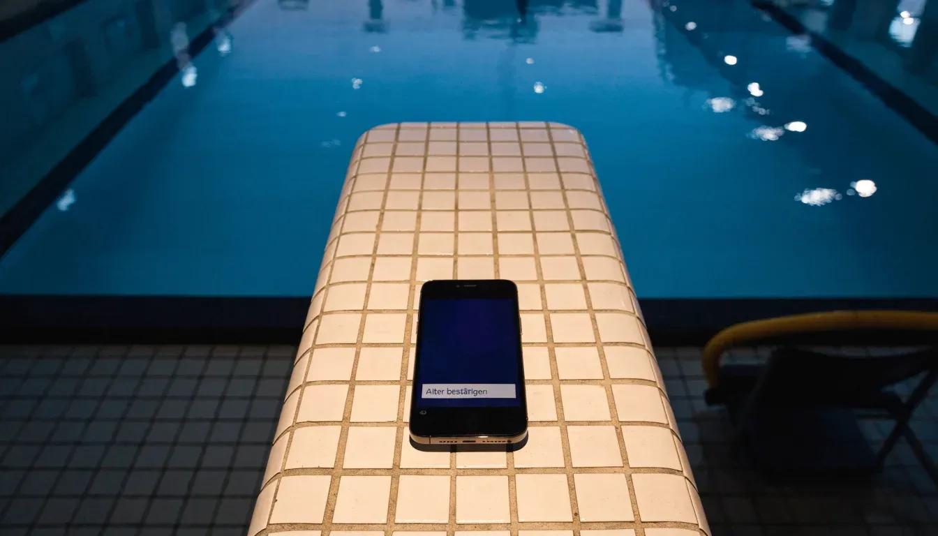 Ein Bademeisterstuhl neben einem Hallenbad zur Schliesszeit, gedimmtes Licht, glatte Wasseroberfläche.