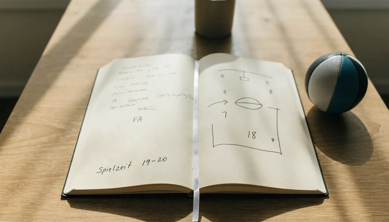 Ein aufgeschlagenes Notizbuch mit Bleistiftskizzen und ein kleiner Fussball liegen auf einem Holztisch im Tageslicht.
