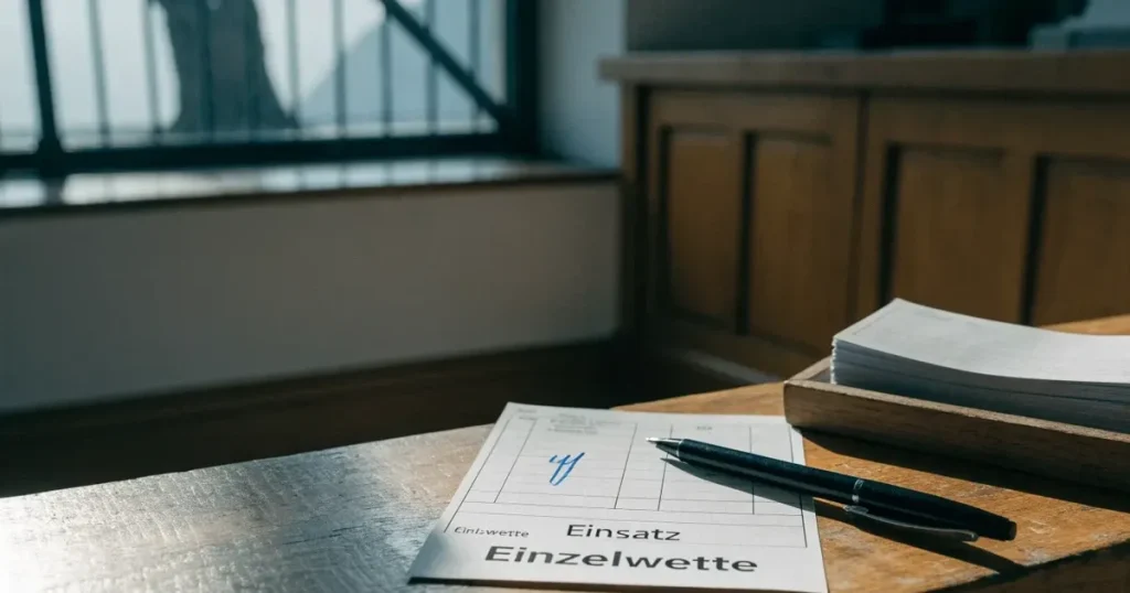 Ein leerer Ladentisch aus Holz mit einem Stapel unbeschriebener Papierzettel und einem Kugelschreiber, durch das Schaufenster fällt Tageslicht.