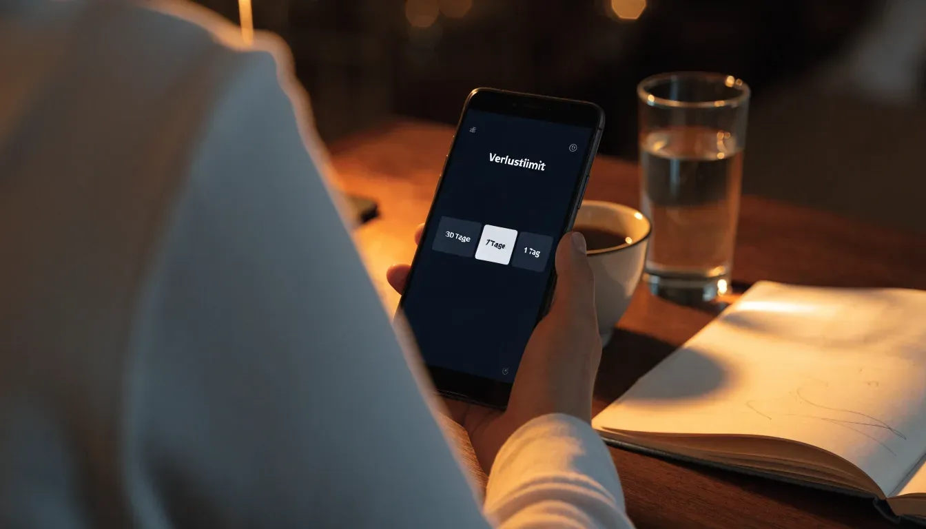 Ein Smartphone mit dunklem Display liegt neben einer Kaffeetasse und einem Glas Wasser auf einem Holztisch im Licht einer Lampe.