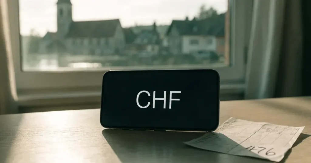Ein Sparschwein aus Keramik steht auf einem Küchentisch neben einem Smartphone mit dunklem Display, im Fenster dahinter ein Schweizer Dorf im Morgenlicht.