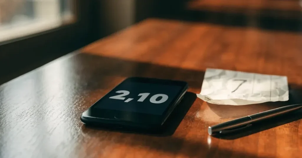 Ein kleines Geschenk mit Schleife steht auf einem Holztisch neben einem Smartphone mit dunklem Display im Seitenlicht.