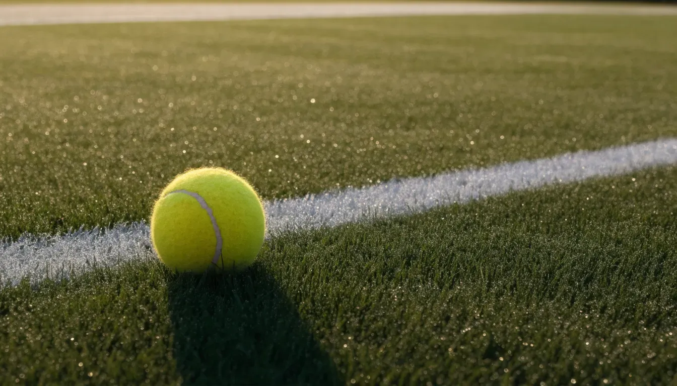 Ein gelber Tennisball liegt im Gras neben der weissen Grundlinie, Tau glitzert auf den Halmen im flachen Sonnenlicht.